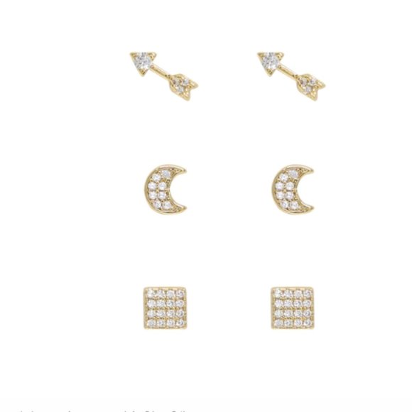 BNWT Ettika Moon, Arrow & Square Crystal 18k Gold Plated Stud Set - Picture 2 of 8